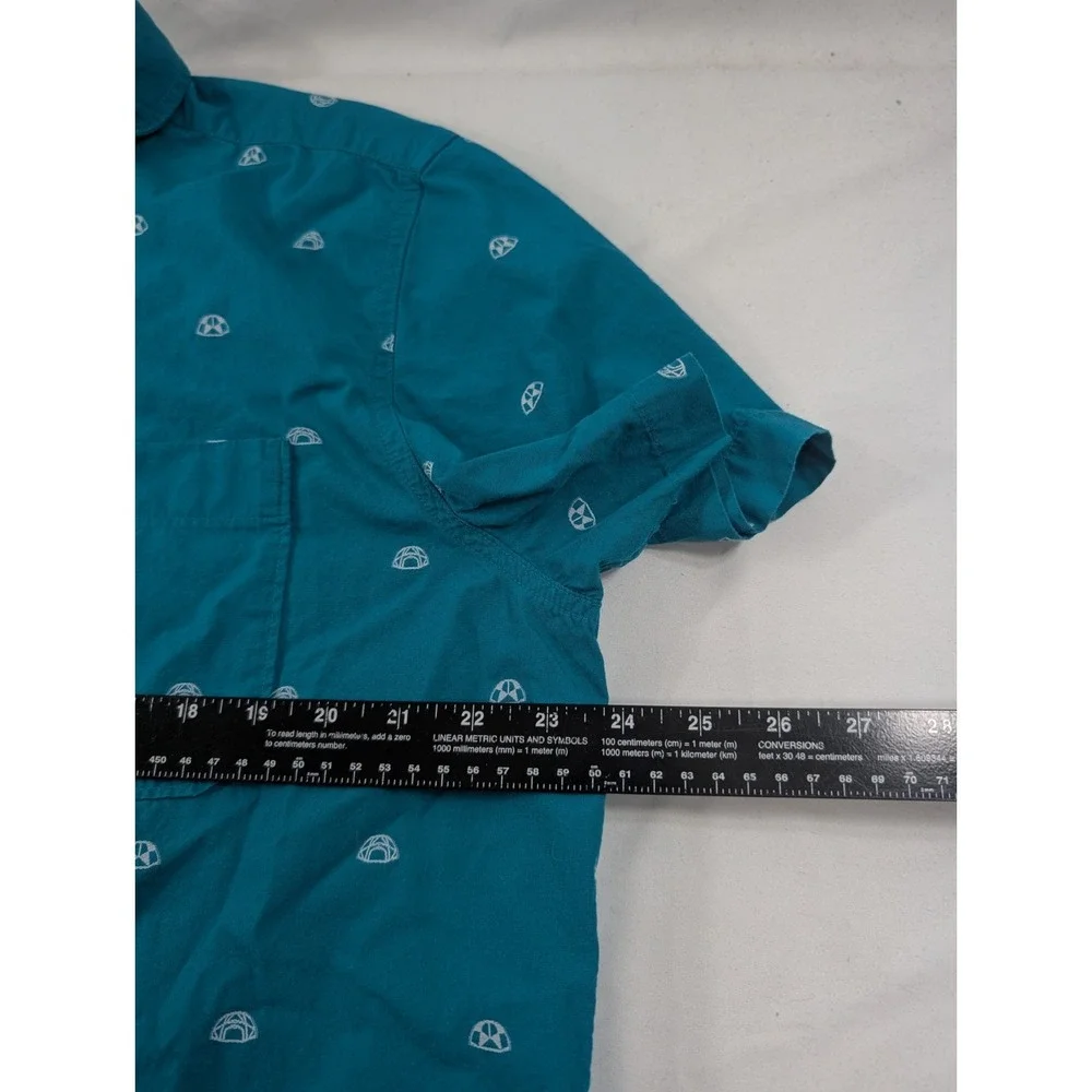 The North Face Button Up Shirt Mens XL Teal Blue AOP Geometric Short Sleeve